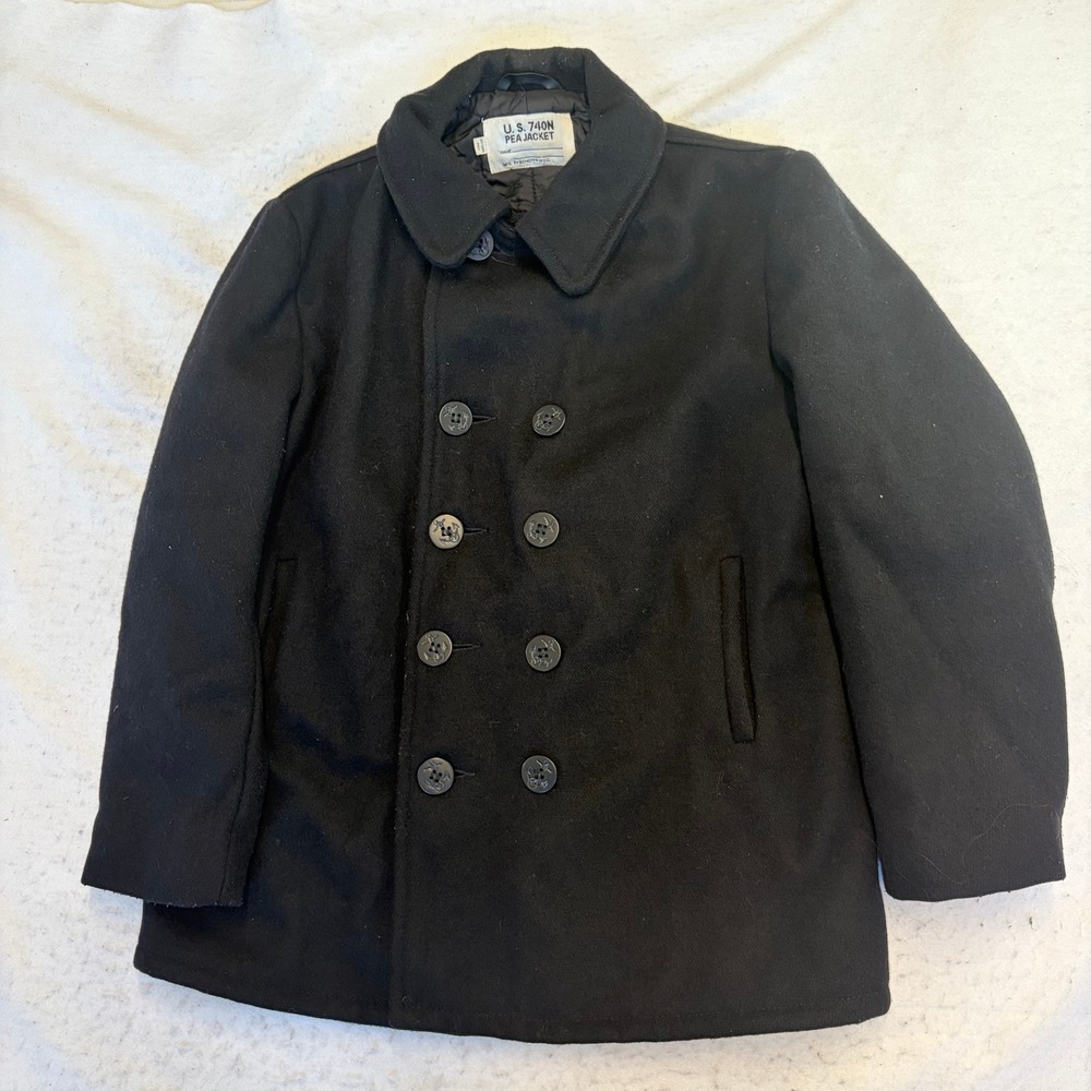 Schott U.S. 740N Pea Jacket Mens Black Wool Double Breasted Military Style